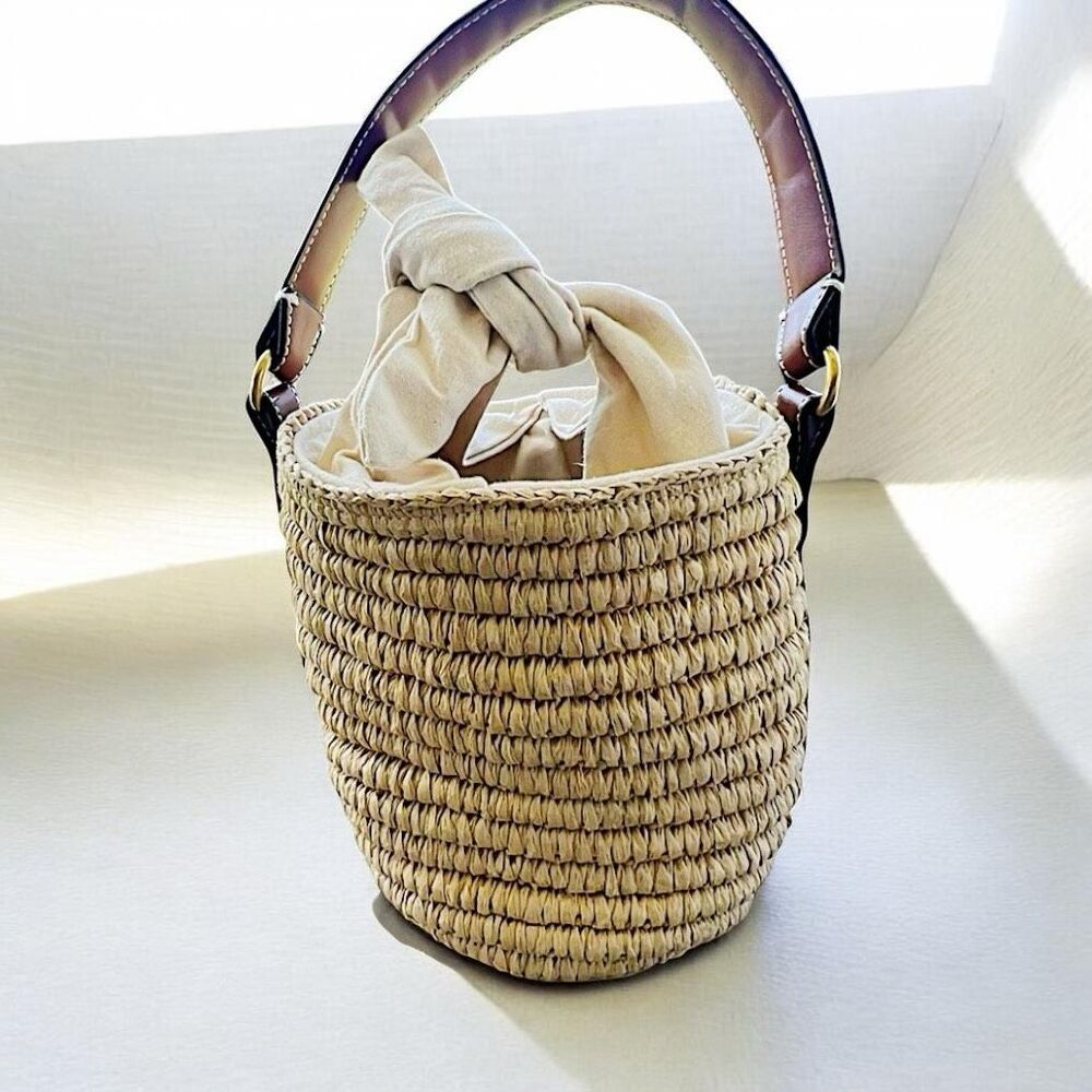Zara Straw Raffia Bucket Bag Tan Woven